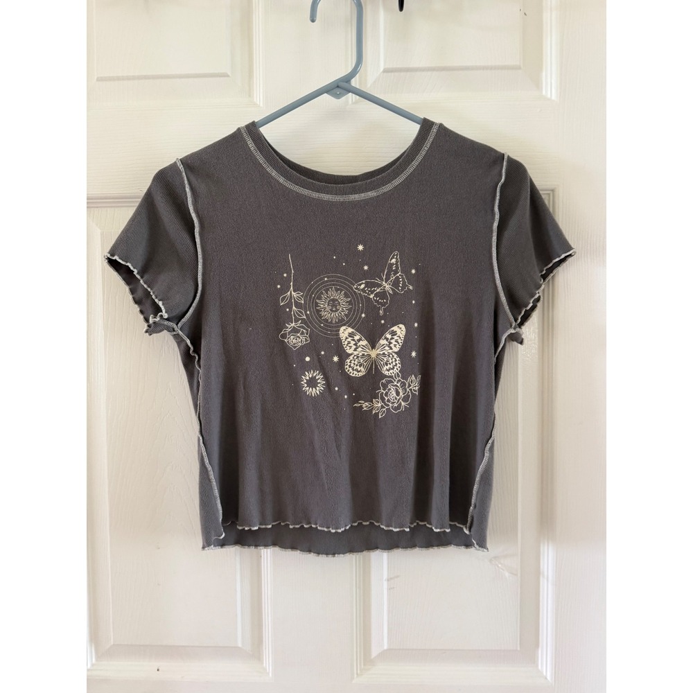 Arizona Jean Co Girls Large Gray Butterfly Sun Ribbed Lettuce Edge Crop Top Tee